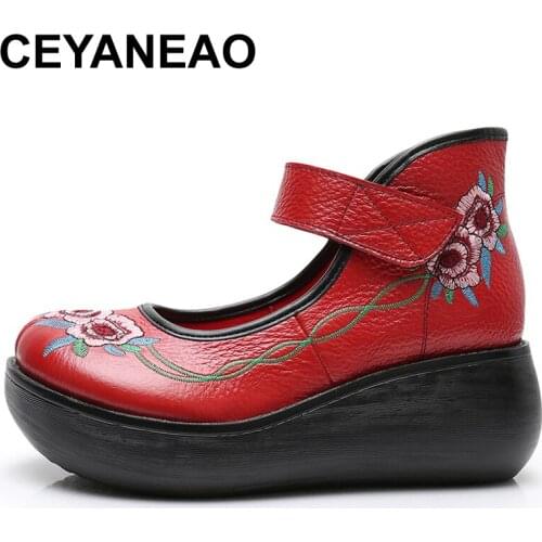CEYANEAO Retro Genuine Leather Shoes for Women xifairy g National Style Embroidery Shoes Thick Leather Wedge Shoes for Women