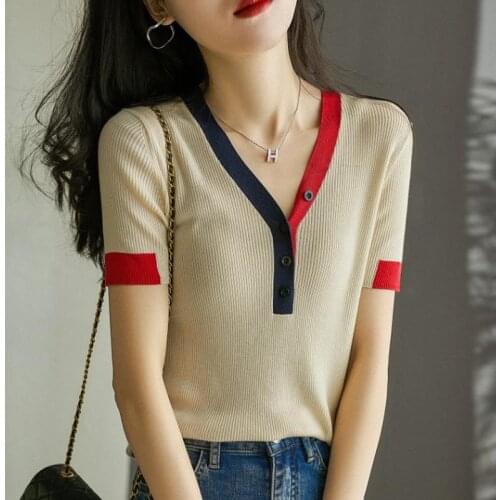 Oversized basic v-neck Butt Summer Sweater Pullover Women Female Knitted sweater slim short sleeve badycon sweater cheap
