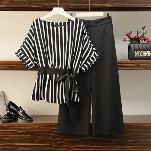 Plus Size Women Work Wear 2 Pieces Set 2020 Summer New Short Sleeve Bow Lace-up Striped Blouse + Wide Leg Pants Suits Casual Set