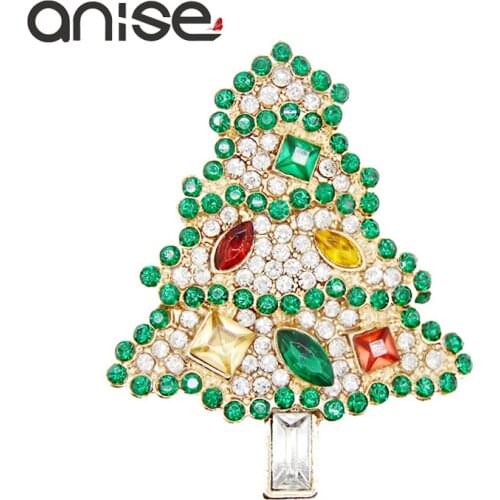 Anise Woman Green Crystal Christmas Tree Brooch Pins Girl Cute Multicolor Rhinestone Metal Festival Brooches Winter Accessories