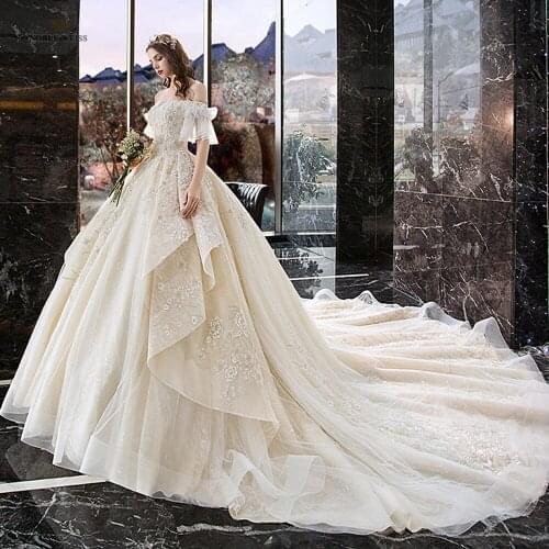 White Dress Boat Neck Ball Gown Wedding Dresses for Women Pearls Appliques Lace Wedding Gowns