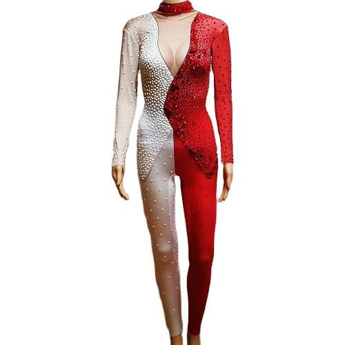 Glitter Red Rhinestones White Beaded Women Jumpsuits Lady Evening Prom Party Diamond Birthday Celebrate Outfit Stage Wear