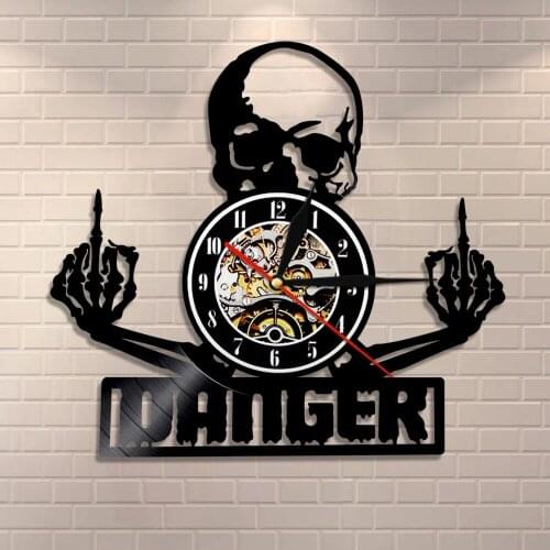 Danger Middle Fingers Skull Clock Skull Vinyl Record Wall Clock Vintage Punk Skeleton Wall Art Vinyl Clock Halloween Decor Gift