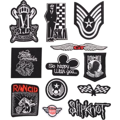 Black White Embroidery Badges Iron on Decorative Patches for Coats Pants Fashion Punk Locomotive Boys Clothing Appliques Sticker