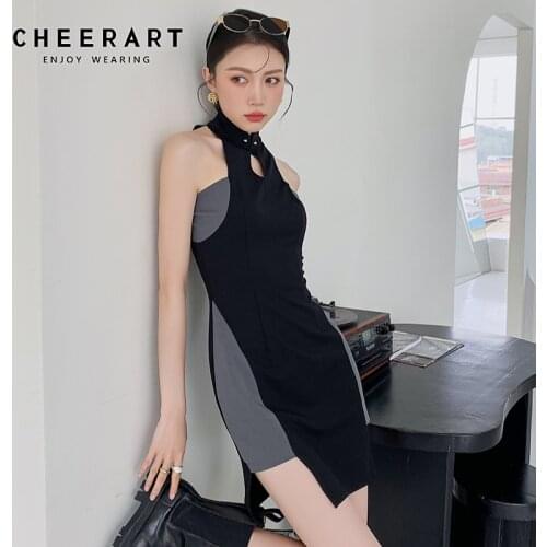 CHEERART Designer Patchwork Black Sleeveless Bodycon Cheongsam Dress Women Summer Asymmetrical Ladies Mini Dress Punk Fashion