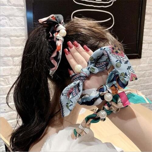 Women Chiffon Bowknot Silk Hair Scrunchies Women Pearl Ponytail Holder Hair Tie Hair Rope Rubber Bands Hair Accessories