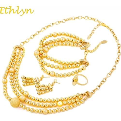 Ethlyn New Fashion African Beaded Ring/Earring/Necklace/Bracelet Sets Gold Color Ball Ethiopian Women Jewelry Wedding S133