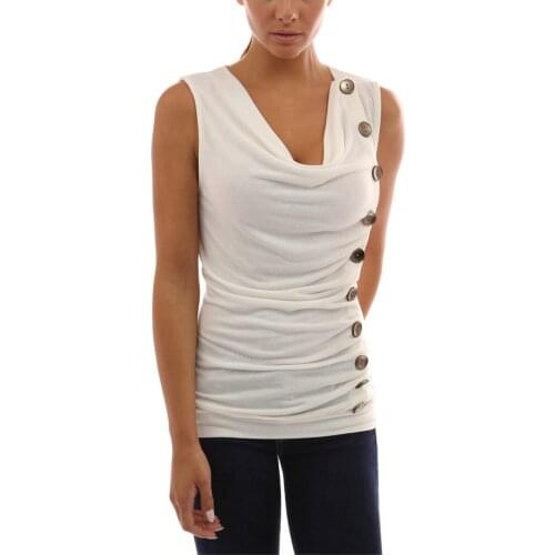 Tshirt Women Streetwear Casual Button Sleeveless New Fashion 2019 Summer v-neck Sleeveless Tshirts Top Vestidos Harajuku LDM0606