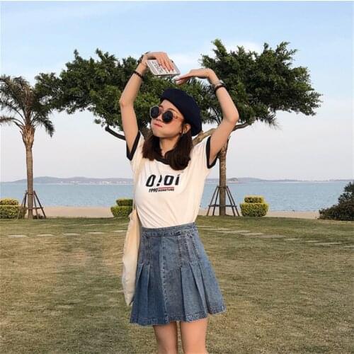 Woman Tshirts Summer Korean Retro Loose Letter Print Hit Color Short-sleeved T-shirt College Style Was Thin Short Top
