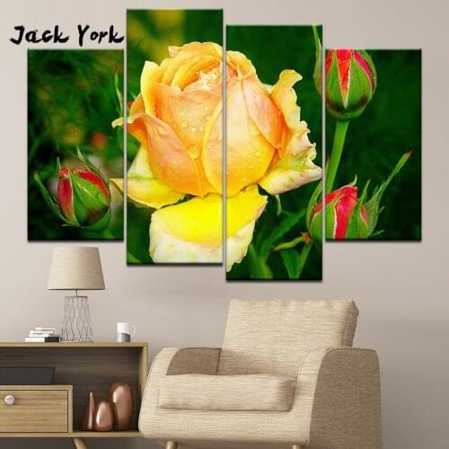 Canvas Painting yellow and red rose flowers 4 Pieces Wall Art Painting Modular Wallpapers Poster Print living room Home Decor
