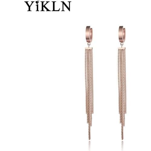 YiKLN Creative Rose Gold Color Long Tassel Hoop Earrings Fashion Titanium Steel Anniversary Earrings For Party Women YE17069