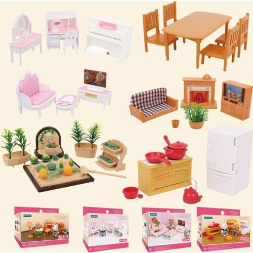 Forest animals families dollhouse kitchen living room bedroom bathroom garden fridge table cupboard food miniature accessories