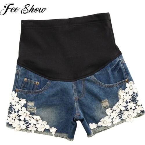 Summer Maternity Shorts Pants Low Waist Patchwork Flower Frayed Denim Jean For Pregnant Women Loose Pregnancy Plus Size Clothes
