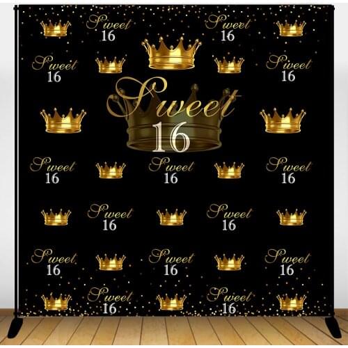 Mehofoto Sweet 16th Birthday Backdrop Step and Repeat Gold Crown Photo Booth Background Glitter Black 16th Birthday Backdrops