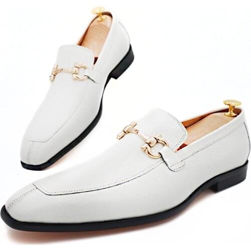 Fashion Brand Men Leather Shoes White Black Brown Horsebit Loafers Slip on Formal Mens Dress Shoes Wedding Office Casual Shoes