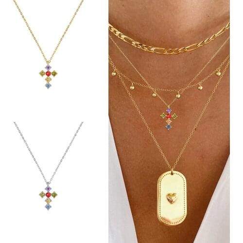 Fashion Colored Diamond Cross Rainbow Necklace For Women 925 Sterling Silver Jewelry Pendant Chain 18K Choker Bijoux Collar