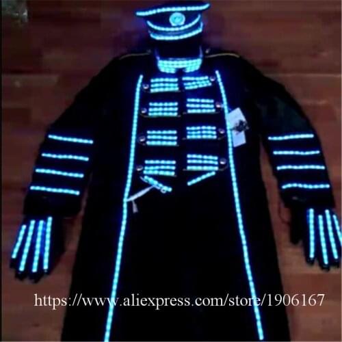 Blue Color Led Luminous Men Suit With Hat Led Gloves Led Light Up Stage Performance DJ Singer Dancer Clothes Host Suit