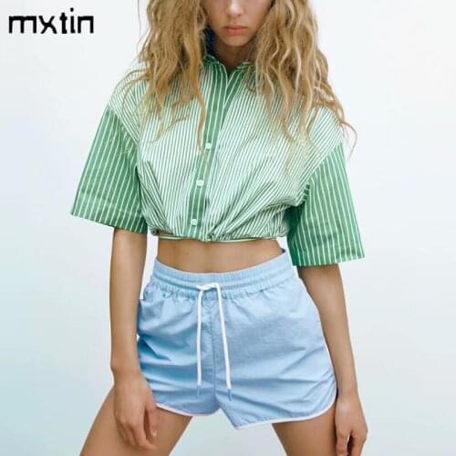 MXTIN 2021 Womens Summer Striped Cropped Blouses Fashion Patchwork Lapel Collar Short Sleeve Female Shirts Blusas Chic Tops