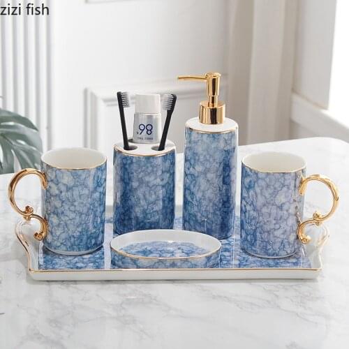 Sea Blue Ripple Bathroom Accessories Set Portable Soap Dispenser Toothbrush Holder Soap Dish Quality Ceramic Bath Supplies