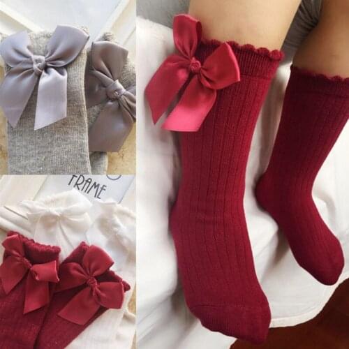 Baby Socks Solid color Baby Girl Knee High Socks Non-slip with Bow Cute Long Tube Kids Booties Vertical Striped Sokken