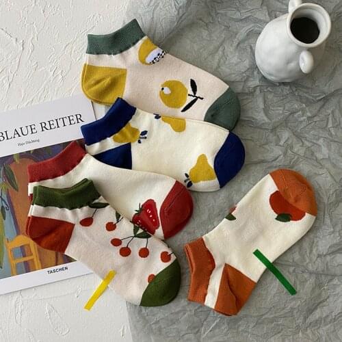 10Pcs=5 Pairs/Pack Korean Style Fruit Cute Boat Socks Women Japanese Cartoon Orange Cherry Tomato Pear Low-Cut Cotton Socks