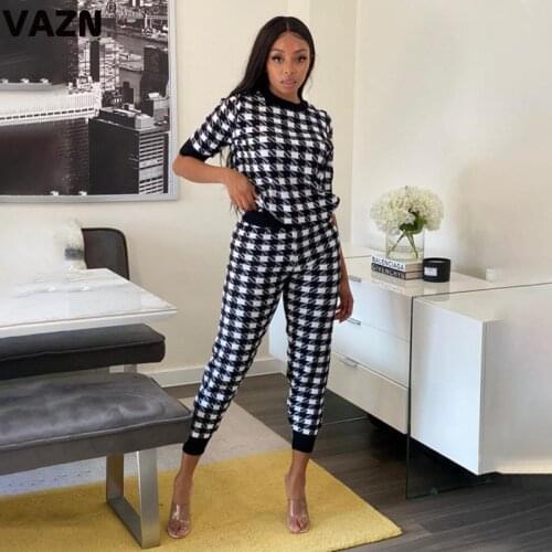 VAZN New arrival 2020 summer sexy lady black plaid 2-piece long set half sleeve O-neck pullover tees ankle-lenth pants chic sets
