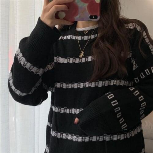 Oversized Striped Unisex Retro Pullovers Women Sweater tops Winter Warm Hip-Pop Ulzzang Casual long sleeve Knit Girls Fashion