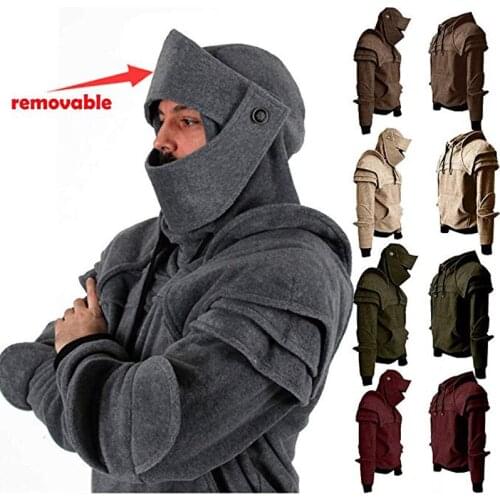 Plus Size XXXL XXL Novelty Mens Retro Solider Mask Elbow Button Pullover Long Sleeve Hooded Sweatshirt Coat