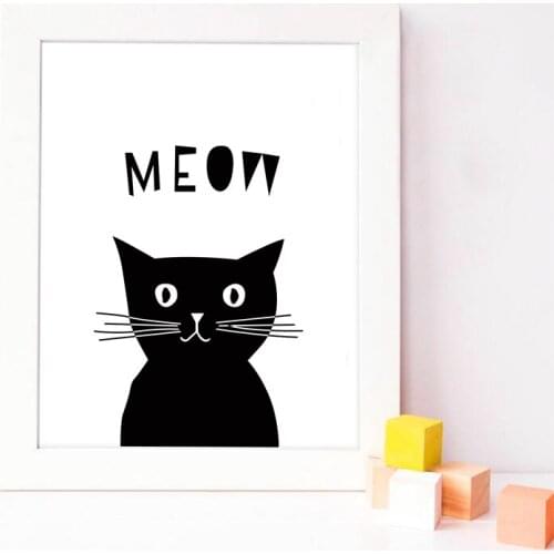 Cat Print Nursery Wall Art Canvas Painting Baby Girl Gift Cat Meow Prints Nordic Poster Black and White Picture Kids Room Decor