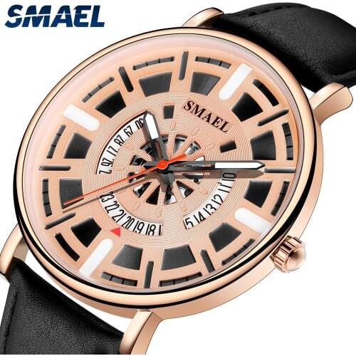 SMAEL Mens Fashion Quartz Watch Creative Dial Waterproof Leather Watch Man Modern 2021 Luxury Casual Male Wristwatches SL-9201