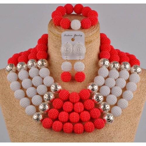 Swell red and white african jewelry set simulated pearl nigerian beads wedding jewelry sets