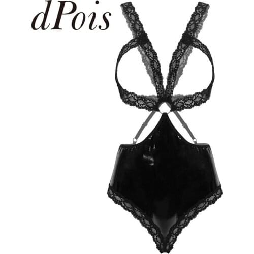 Womens One-piece Lingerie Open Cups Patent Leather Splice Floral Lace Open Butt Bottoms Women Ladies Teddy Bodysuit