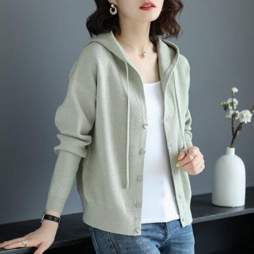 2021 Spring And Autumn Pure Color Hooded Sweater Jacket Womens Casual Tops Single-breasted Knitwear Cardigan Thin Outer zh1587