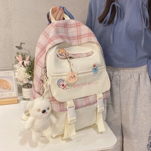 Womens Striped Backpack Cute Student Nylon Plaid School Bag Teenage Girls Travel Rucksack Preppy Style Ladies Backpacks Mochila