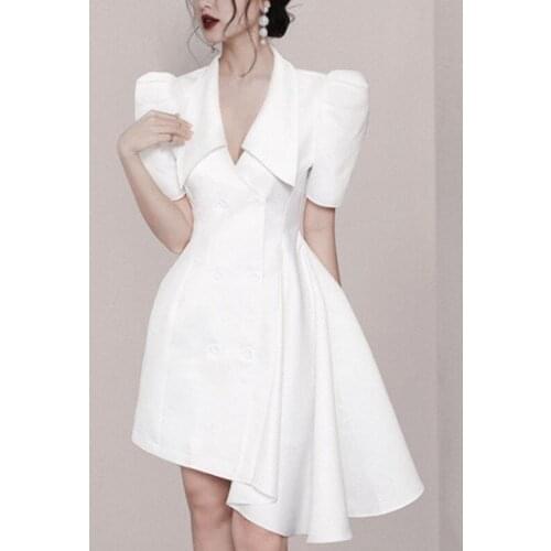 2021 New Fashion Women Temperament Double Breasted Ruffles Irregular Dress Office Lady Lapel Puff Sleeve Elegant Dress Vestidos