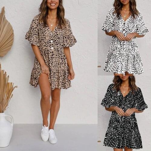 Womens Dot Printing Mini Dress Casual Half Ruffles Sleeve V-Neck Button Down Loose Fitting Wild Summer Dress for Vacation