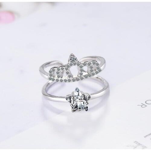 Five-Pointed Star Korean Wind Sweet Crown 925 Sterling Silver Personality Fashion Female Resizable Opening Rings SRI212