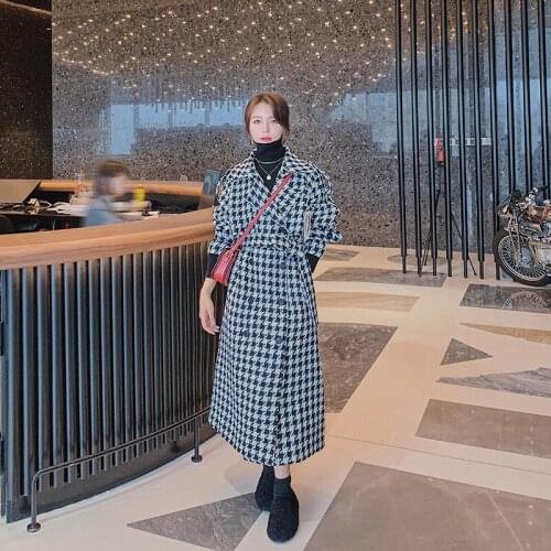 Houndstooth Plaid Thick Woolen Coat Female Winter Loose Thickening New Quality Classic Womens Jacket Fashion Black Ladies Cloak
