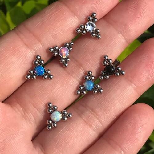 16G Surgical Steel Fire Opal Ear Cartilage Tragus Helix Conch Piercing Labret Lip Studs Ring Internally Thread Daith Earring