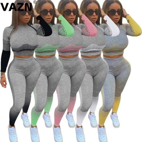 VAZN 2021 Special Design Patchwork Print O-neck Bandage Fashion Elegant Sexy High Street Set Sport Women Young Energetic Set