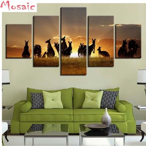 5 PCS Diamond Painting"Kangaroo,Steppe,Sunset,Scenery"Multi-picture Mosaic Diamond Embroidery sale animal square Rhinestone art