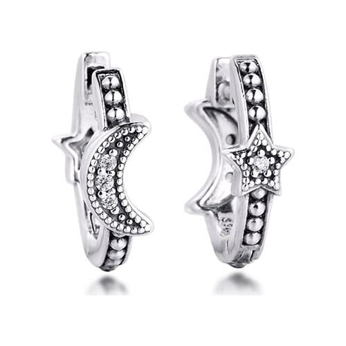 Authentic 925 Sterling Silver Earring Crescent Moon & Stars Beaded Hoop Earrings For Women Silver Ear Fashion Fine Jewelry 2020