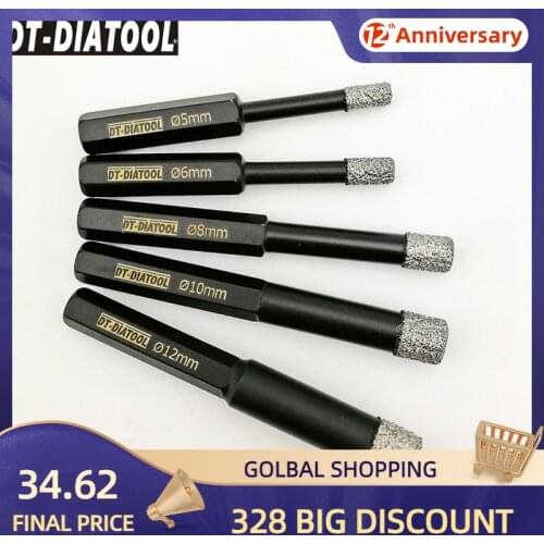 DT-DIATOOL 5pcs/set Dia 5+6+8+10+12mm Hex Shank Dry Vacuum Brazed Diamond Drilling Core Bit Granite Marble Tile Ceramic Hole Saw