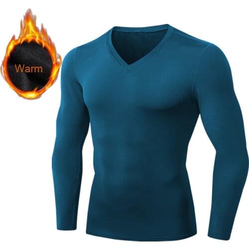 Mens Sports T-Shirt Compression Thermal Underwear Long Sleeve Solid T-Shirts Keep Warm BaseLayer Winter Fleece T-shirt Male Tee
