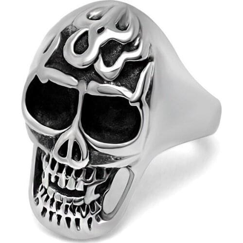Gothic Ring for Men Biker Fire Skull Viking Stainless Steel Male Rings Fine Polished Never Fade Jewelry bague homme drop ship