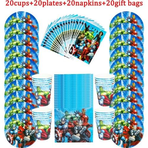 Cartoon The Avengers Theme 80pc Disposable Tableware kids Birthday Party Paper Cups +Plates+Napkins+Giftbags Sets Party Supplies