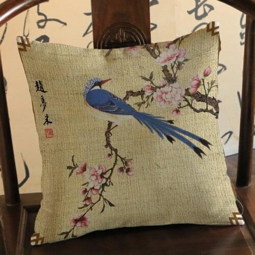 Chinese Watercolor Flower and Bird Style Cushion Pillowcase Ink Painting Print Cotton Linen Home Decoration Sofa Throw Pillows