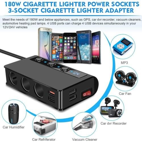 Host Quick Charge 3.0 Cigarette Lighter Splitter 12V/24V 3-Socket 180W ON-OFF DC Power Car Splitter with 4-Port USB Car Charger