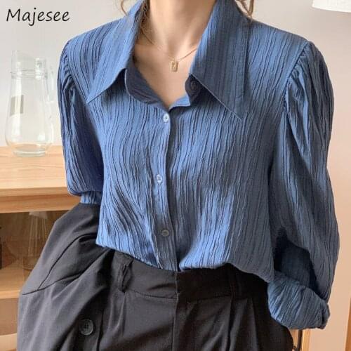 Shirts Women Lantern Sleeve Solid Blue Korean Preppy Office Lady Loose Leisure Vintage Lovely Trendy Ladies Tops Comfortable New