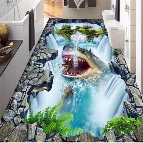 Wellyu wallboard custom 3d floor self-adhesive wallpaper shark waterfall 3d tiles kitchen waterproof wallpaper bathroom